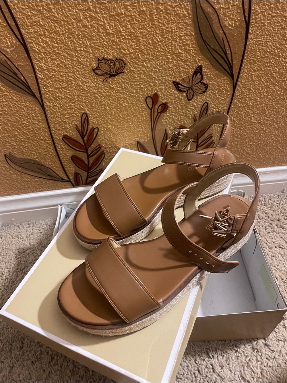 Michael Kors Cognac Leather Wedge Sandals with Espadrille Trim